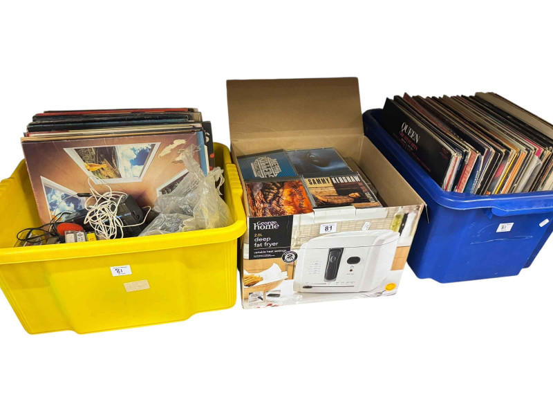 Three boxes of LP records, CD's, cassette tapes, etc.