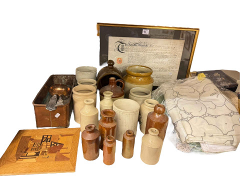 Vintage Christmas decorations, Stoneware bottles, Victorian oil lamp, jelly moulds, framed antique indenture, prints, etc. thumbnail