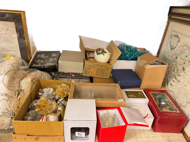 Vintage Christmas decorations, Stoneware bottles, Victorian oil lamp, jelly moulds, framed antique indenture, prints, etc.