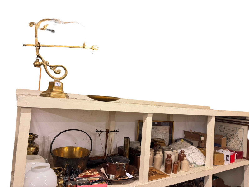 Vintage Christmas decorations, Stoneware bottles, Victorian oil lamp, jelly moulds, framed antique indenture, prints, etc.