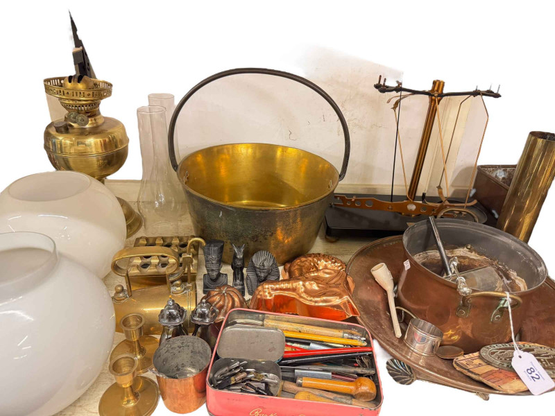 Vintage Christmas decorations, Stoneware bottles, Victorian oil lamp, jelly moulds, framed antique indenture, prints, etc.