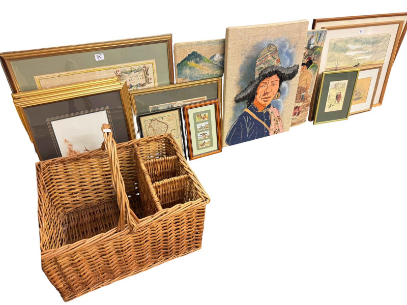 Collection of wicker baskets, prints, maps, etc.