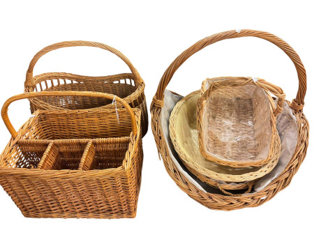 Collection of wicker baskets, prints, maps, etc.