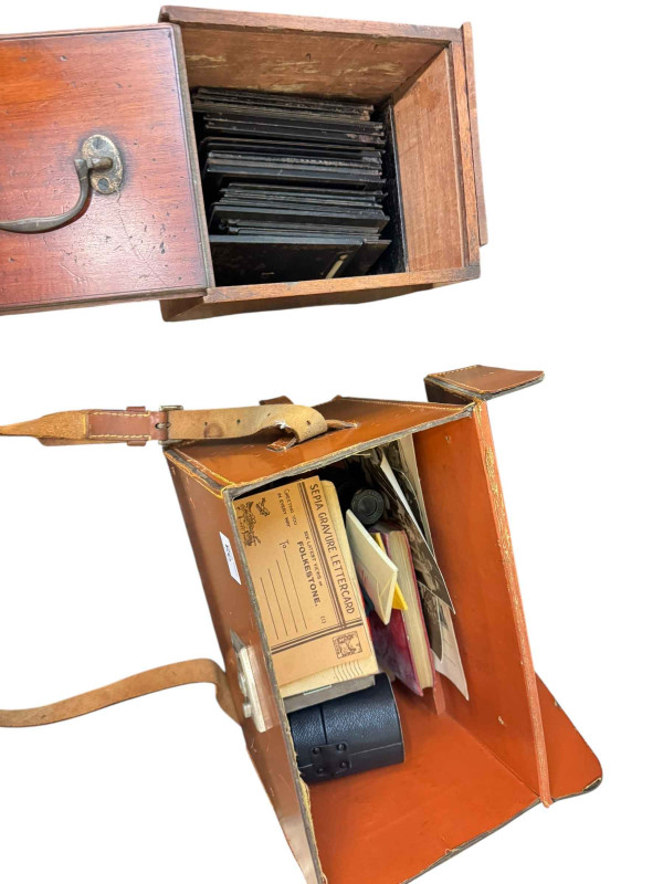 Vintage camera tripod stand, slides, opera glasses, vintage photographs, print, etc.