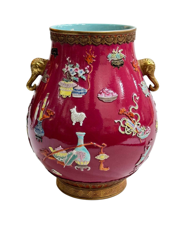 Handsome Chinese Royal Ground vase, with relief decoration and gilt elephant mask handles, seal mark to base, 26cm.
