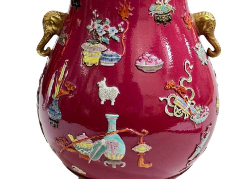 Handsome Chinese Royal Ground vase, with relief decoration and gilt elephant...