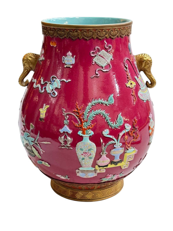 Handsome Chinese Royal Ground vase, with relief decoration and gilt elephant mask handles, seal mark to base, 26cm.