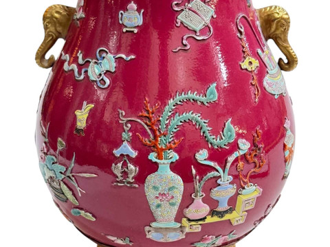 Handsome Chinese Royal Ground vase, with relief decoration and gilt elephant mask handles, seal mark to base, 26cm. thumbnail