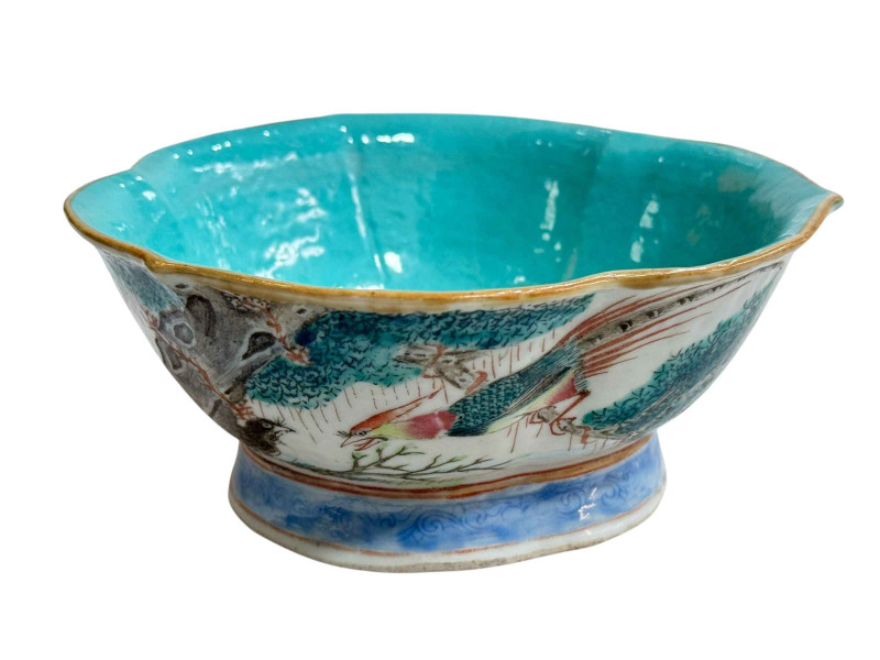 Chinese lotus formed bowl with birds in landscape, 17cm diameter.