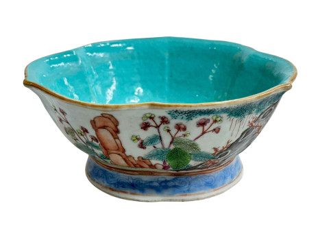 Chinese lotus formed bowl with birds in landscape, 17cm diameter.
