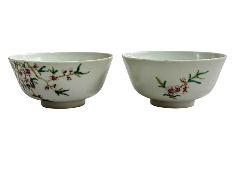 Pair of Chinese bowl with bird in tree decoration, 11.5cm diameter.