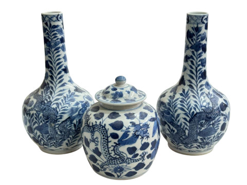 Pair of Chinese blue and white dragon vases with four character marks,...