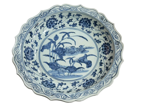 Large Chinese blue and white charger with ducks on pond decoration, 43cm...