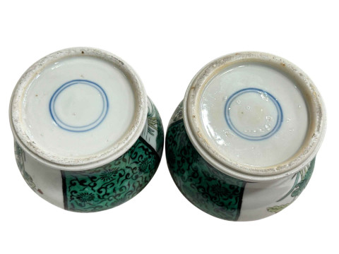 Pair Oriental ginger jars with floral decoration on green ground, 17cm. thumbnail