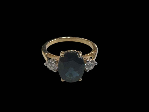 Three stone sapphire and diamond ring, the central oval sapphire 3.40...
