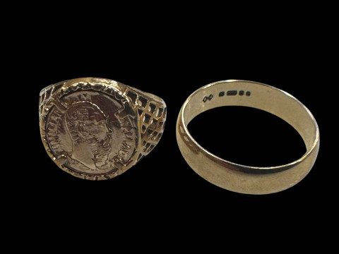 9 carat gold ring with 1865 coin, and 9 carat gold wedding band (2).