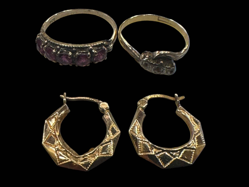 Diamond three stone gold (18carat?) ring, 9 carat gold gem set ring, and pair 9 carat gold earrings (3).