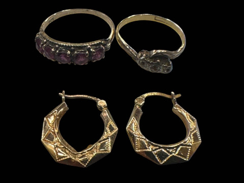 Diamond three stone gold (18carat?) ring, 9 carat gold gem set ring, and...