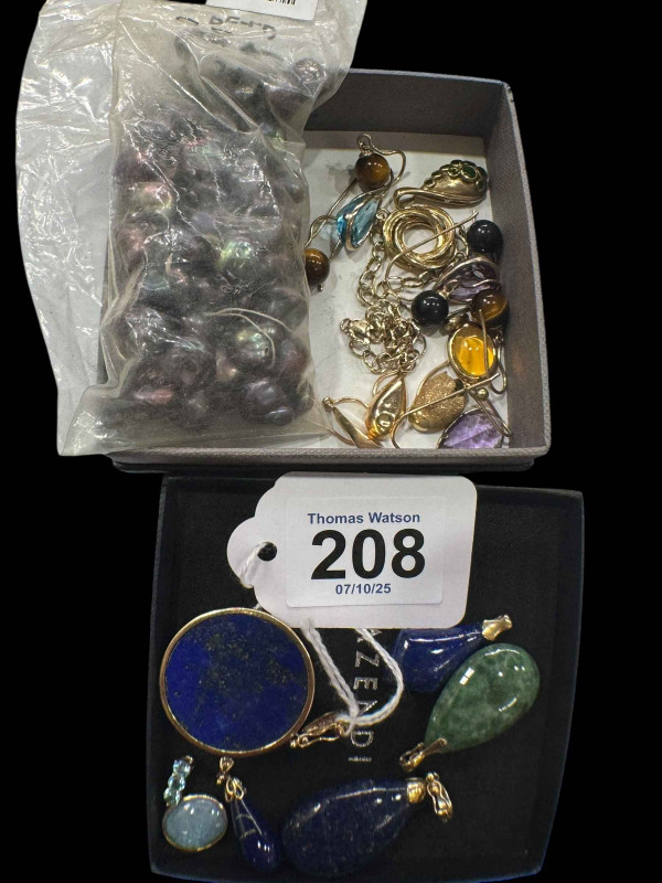 Collection of 9 carat gold mounted hardstone pendants, earrings, and 9 carat gold bracelet.