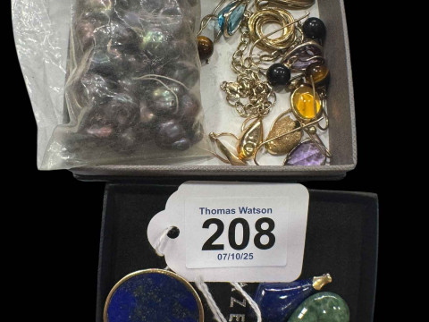 Collection of 9 carat gold mounted hardstone pendants, earrings, and 9...