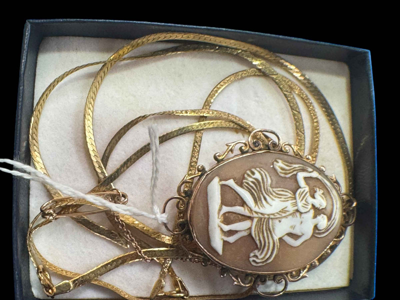 Two 9k gold necklaces and 9 carat gold mounted cameo brooch.