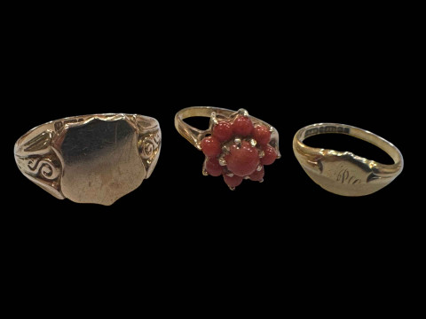 Two 9 carat gold signet rings and 9 carat gold and coral set ring (3).