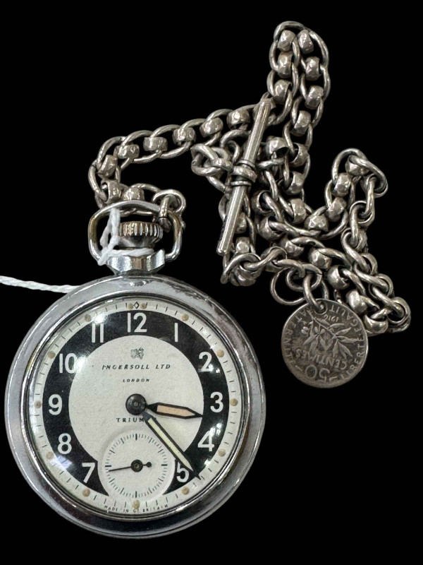 Ingersoll Triumph pocket watch with silver albert.