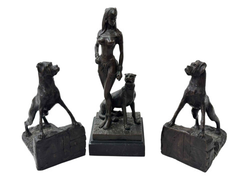 Pair of bronze Boxer Dog bookends and a bronze figural lady with wild...