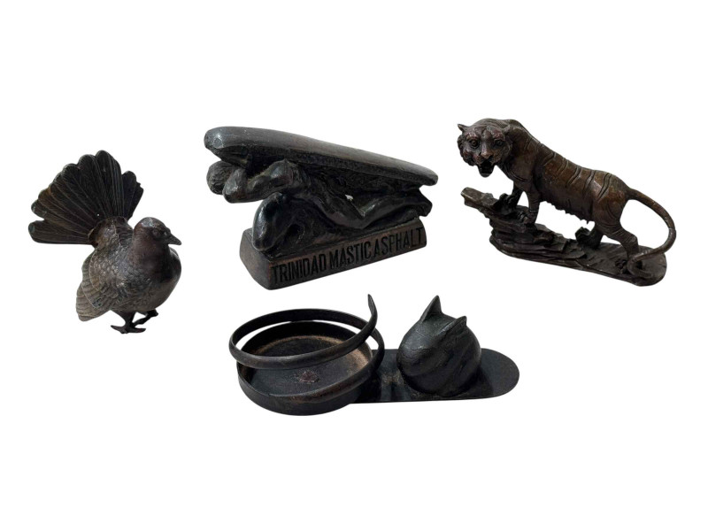 Collection of bronze animal figures including Tiger, Turkey, Mouse and Trinidad Mastic Asphalt (4).