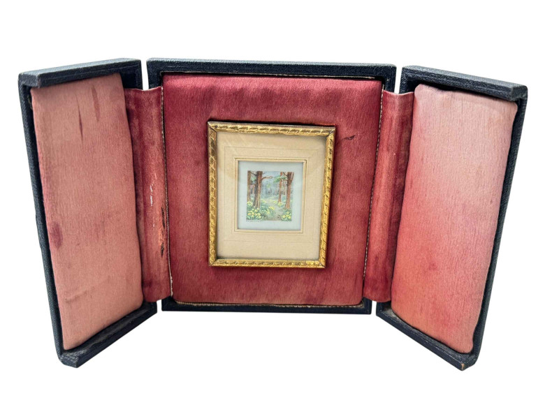 Small cased signed hand painted landscape miniature.