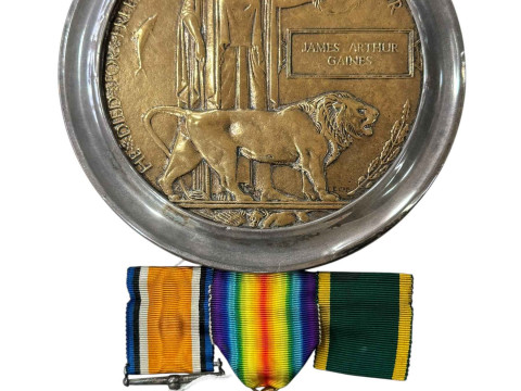 Death penny/plaque named to James Arthur Gaines of the 15th Bn, Royal...