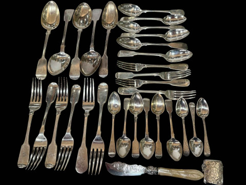 Collection of 19th Century and later silver flatware, and engraved vesta...