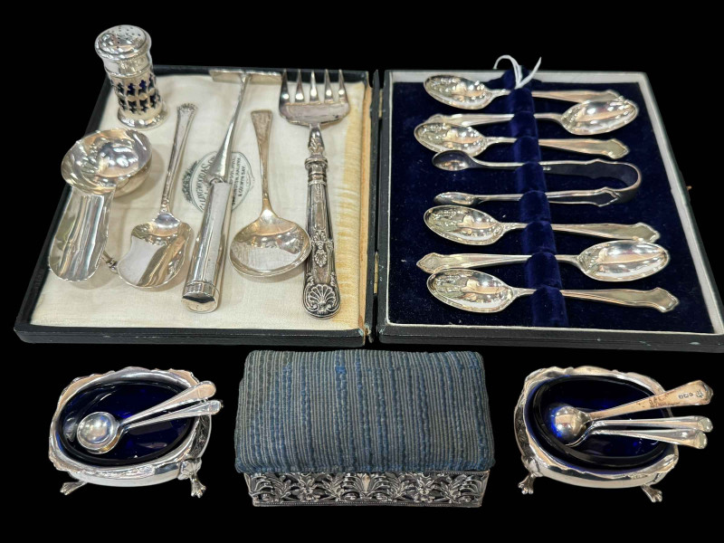 Cased set of silver teaspoons with tongs, and other silver including open salts, cheroot holder, pin box, etc.
