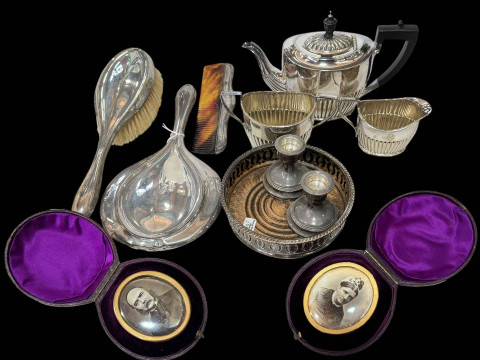 Silver brush, mirror and comb set, EP tea set, coaster, candlesticks,...