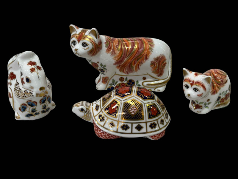Four Royal Crown Derby paperweights including Sugar and Spice Cats, Squirrel and Turtle.