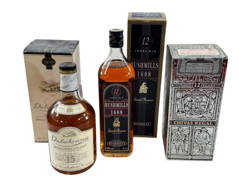 Three bottles of Whisky, Bushmills 1608, Dalwhinnie Single Highland Malt...