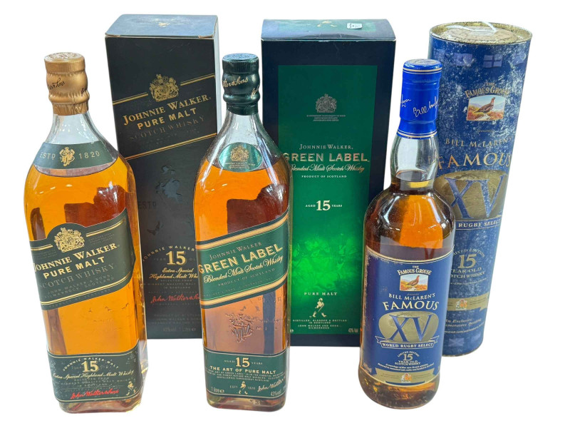 Three bottles of Whisky, Bill McLarens Famous XV, Johnnie Walker 15 Years Old and Johnnie Walker Green Label Aged 15 Years Old.