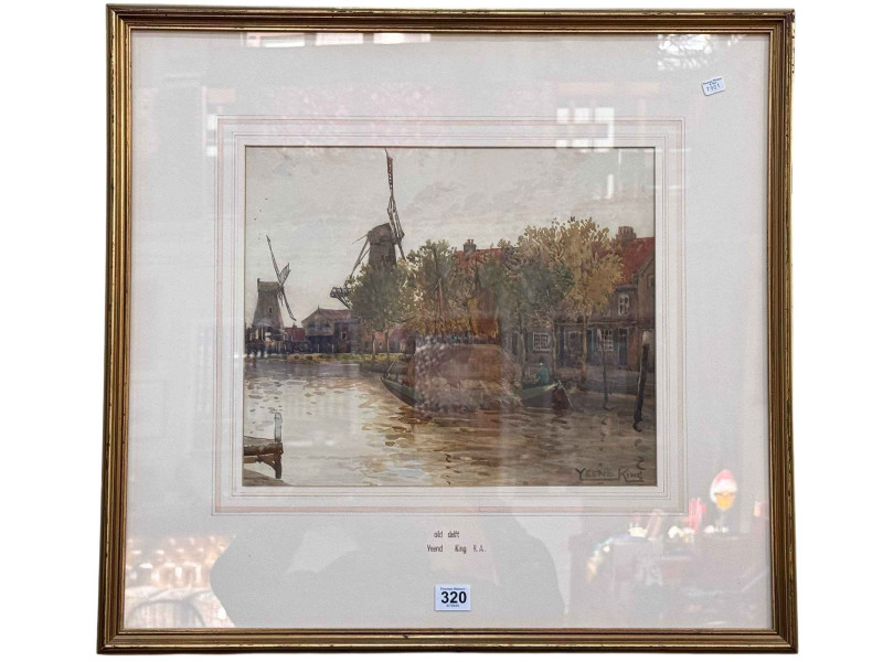 Yeend King RA, Old Delft, watercolour, signed lower right, titled in the margin, 30cm by 36.5cm, framed.