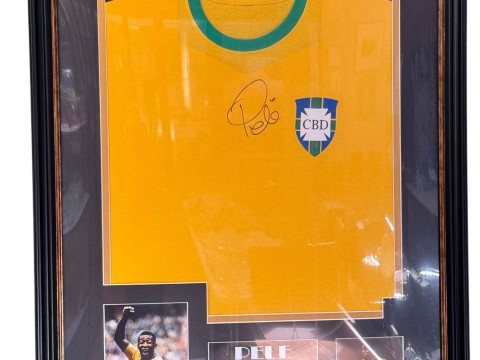 Pele, signed Brazil National Team football shirt, two photographic prints...