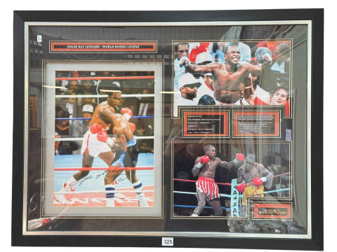 Sugar Ray Leonard, framed hand signed career photographic montage, with...