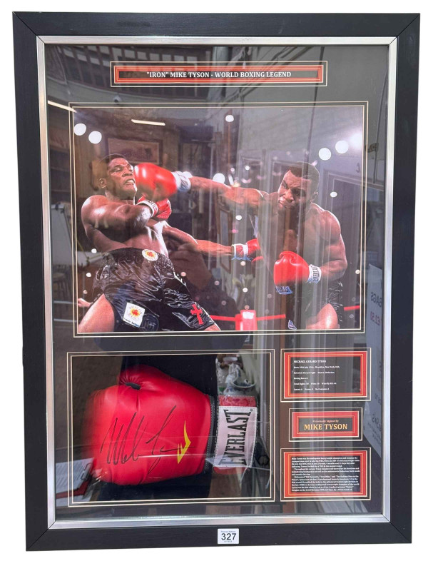 Mike Tyson, hand signed boxing glove display, with COA, 77.5cm by 58cm including frame.