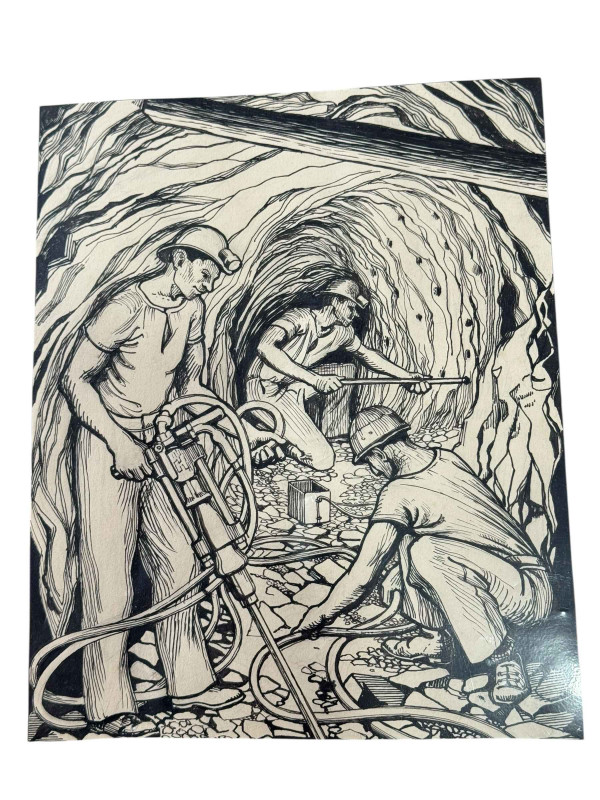 Mining pen and ink, Shot Firing, unframed, 25cm by 20.5cm.