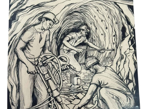 Mining pen and ink, Shot Firing, unframed, 25cm by 20.5cm.