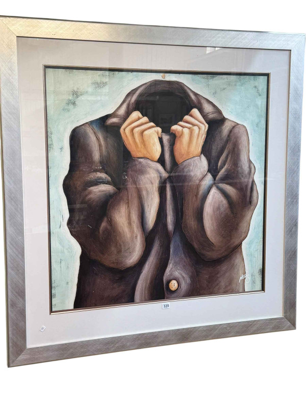 Lou Harris, Headless Man, acrylic, signed lower right, 88cm by 88cm, framed.