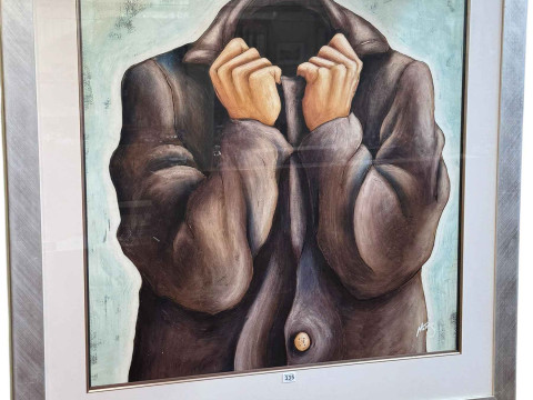 Lou Harris, Headless Man, acrylic, signed lower right, 88cm by 88cm, framed.