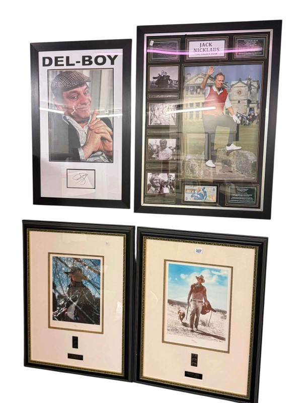 Jack Nicklaus framed montage, David Jason framed autograph and photographic print, John Wayne pair limited edition framed senigraphs, three with COA's (4).