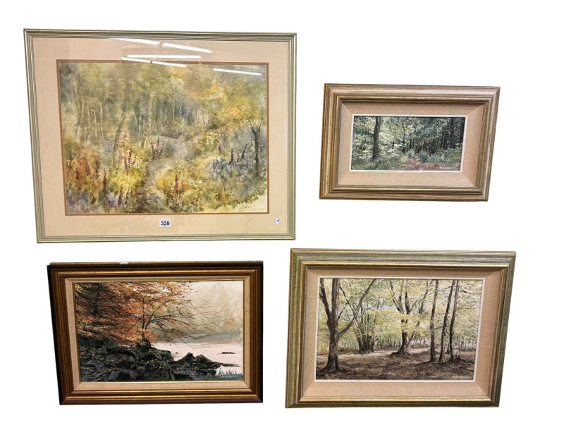 Valerie Chilton, three framed landscape oils and signed landscape watercolour.