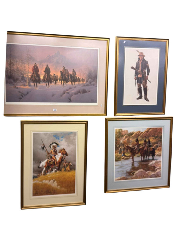 Four framed limited edition prints, Men of the Great Northwest, Crow Cavalry Scout, When the Land was Theirs and Soldier Hat, all with COA's.