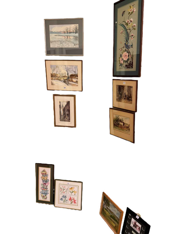 Six framed paintings and prints, three framed needleworks and limited edition movie frame (10).