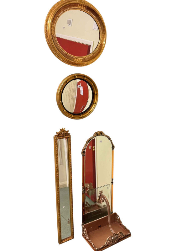 Gilt two tone mirror and console table and four various framed wall mirrors including convex.